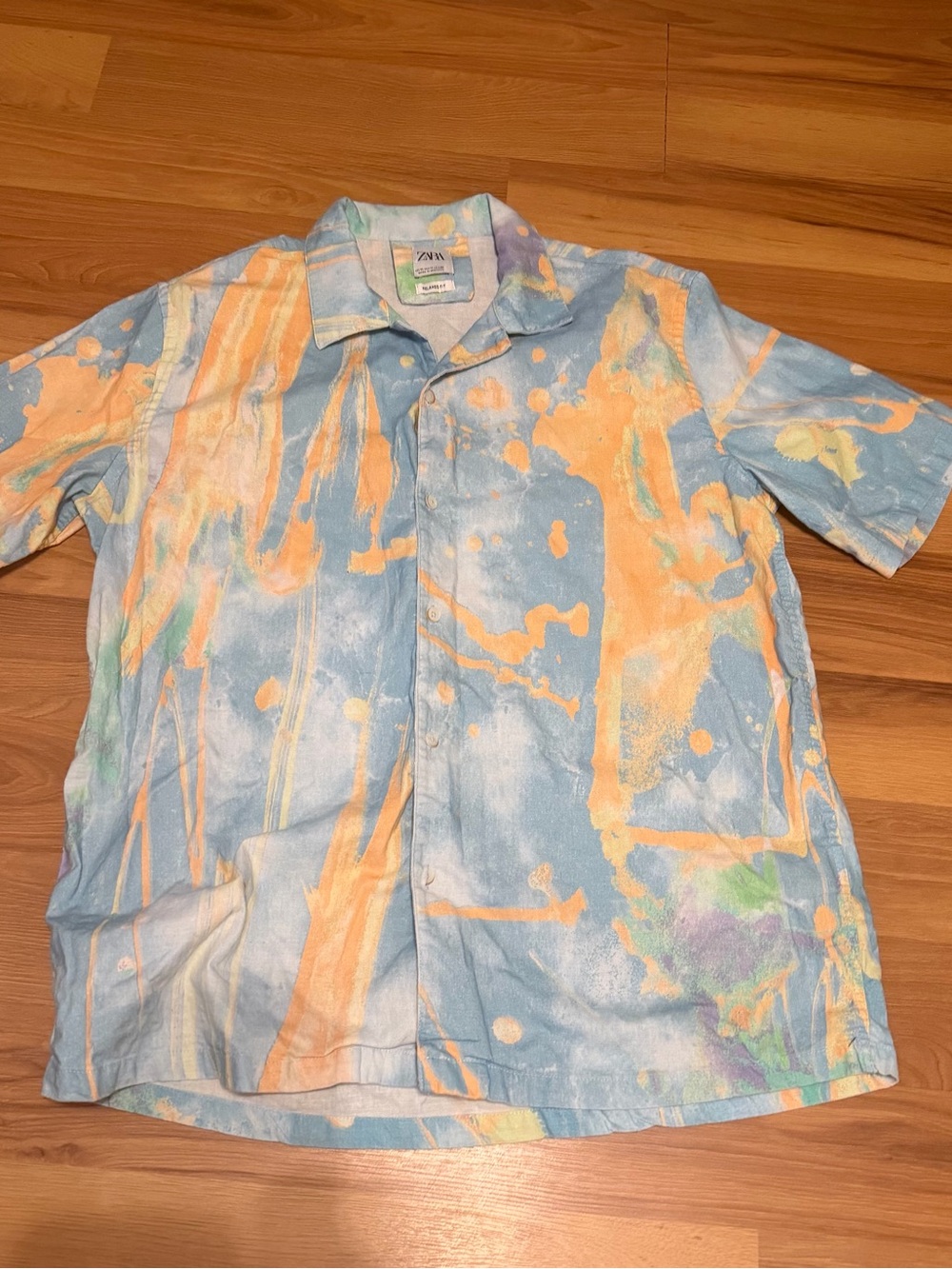Zara Men Short Sleeve Paint-Splash Button-Down Shirt - Light Blue & Peach